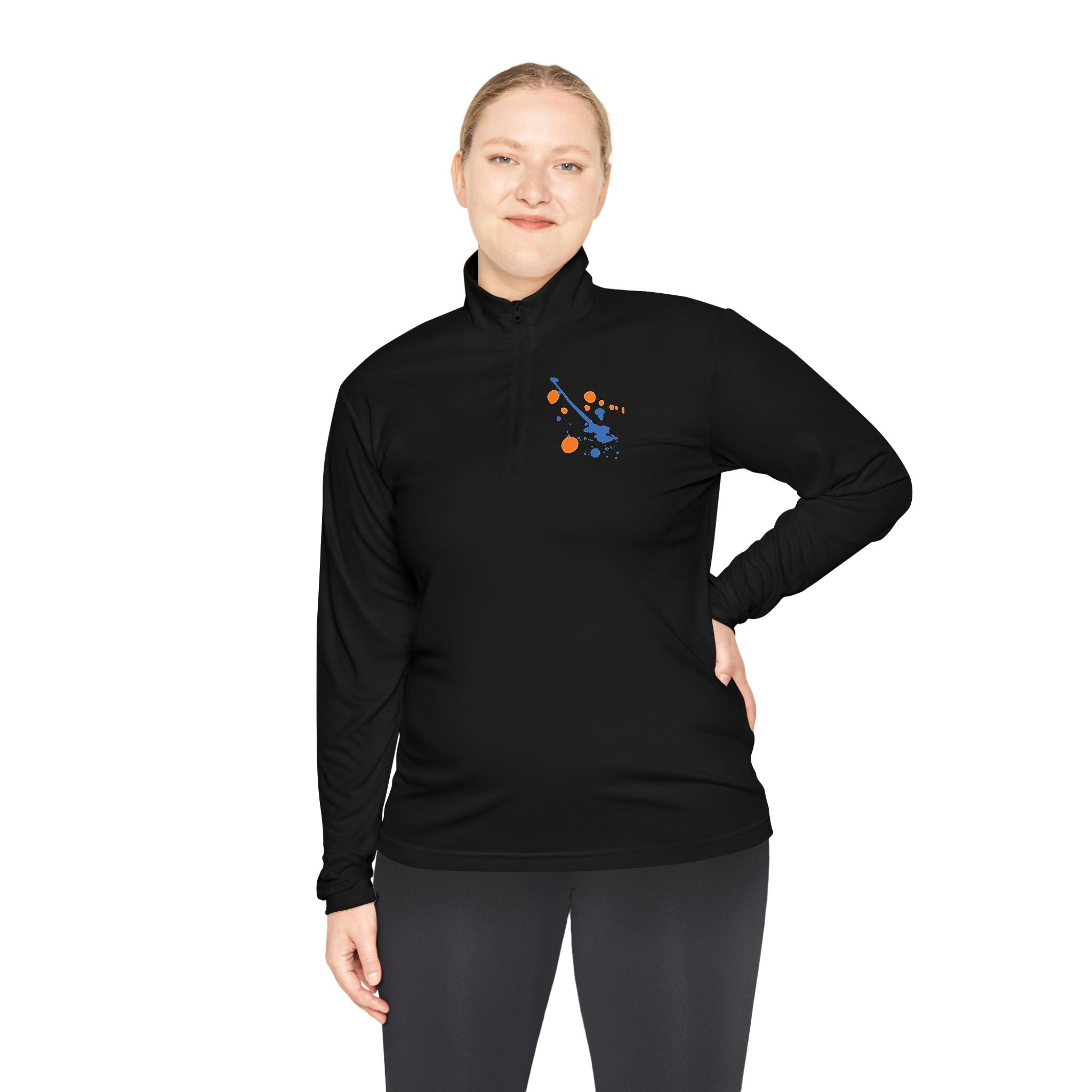 Long-sleeve quarter-zip pullover by Printify featuring a vibrant rainbow paint splash design on soft fabric.