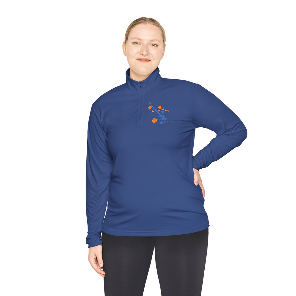 Long-sleeve quarter-zip pullover with rainbow paint splash design by Printify, featuring vibrant colors and casual style.