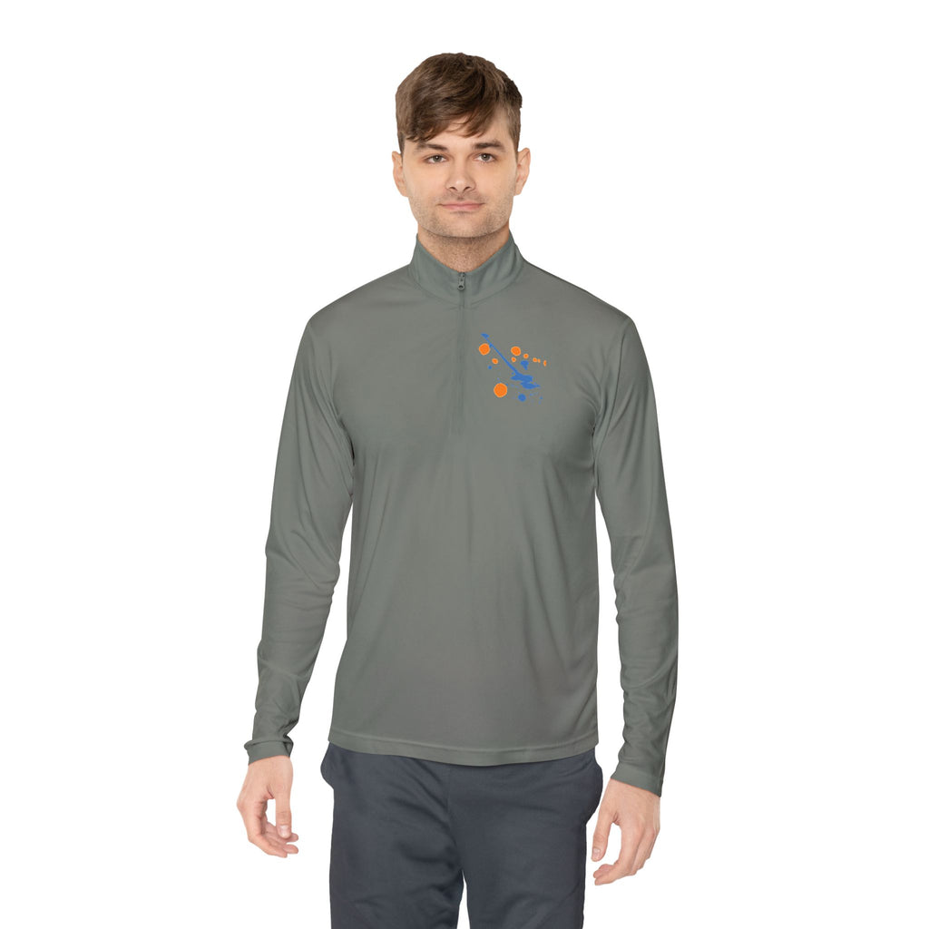 Long-sleeve quarter-zip pullover by Printify featuring a vibrant rainbow paint splash design on soft fabric.