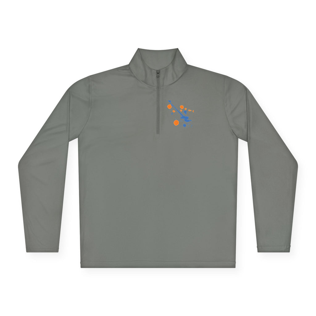 Long-sleeve quarter-zip pullover with rainbow paint splash design by Printify, featuring vibrant colorful artwork on soft fabric.