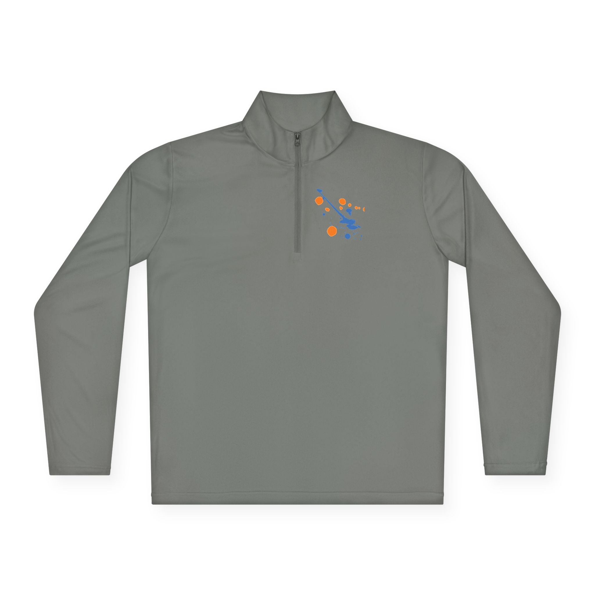 Long-sleeve quarter-zip pullover with rainbow paint splash design by Printify, featuring vibrant colorful artwork on soft fabric.