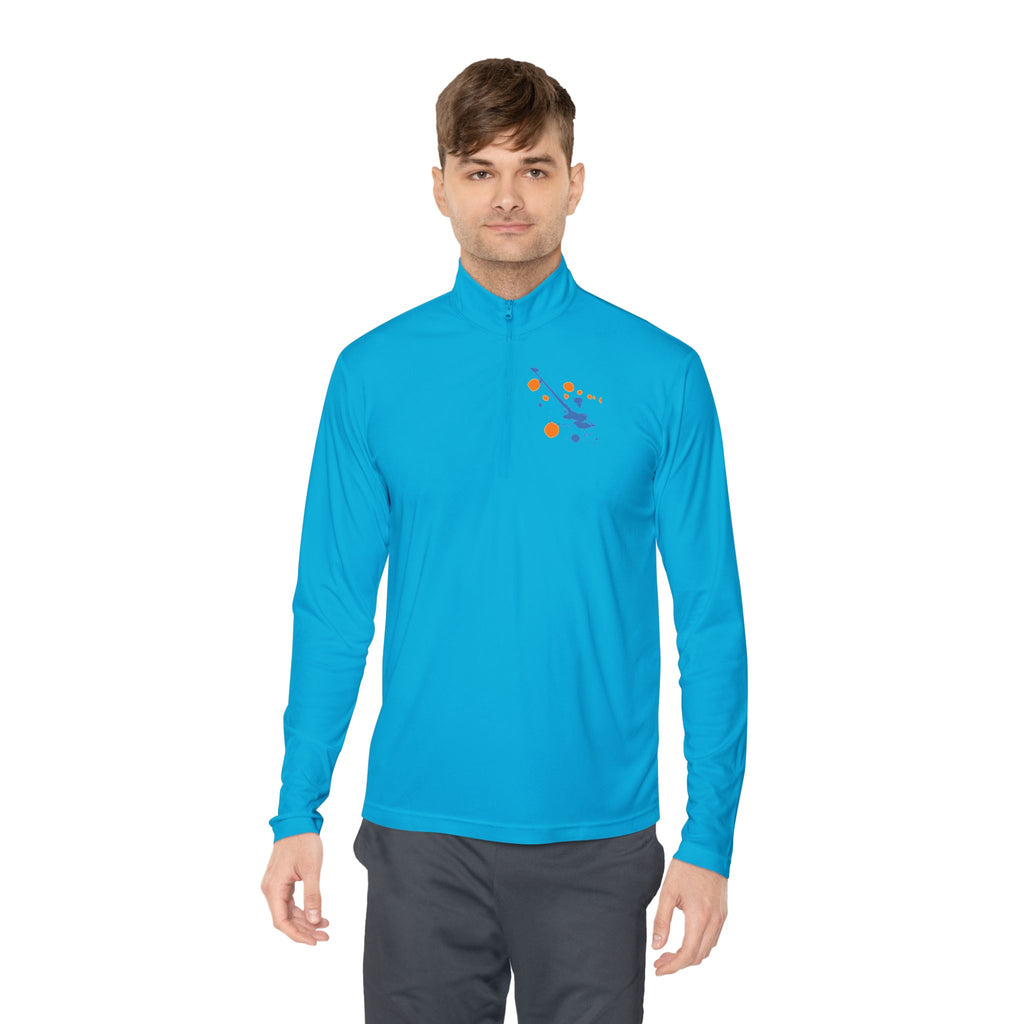Long-sleeve quarter-zip pullover by Printify featuring a vibrant rainbow paint splash design on soft fabric.
