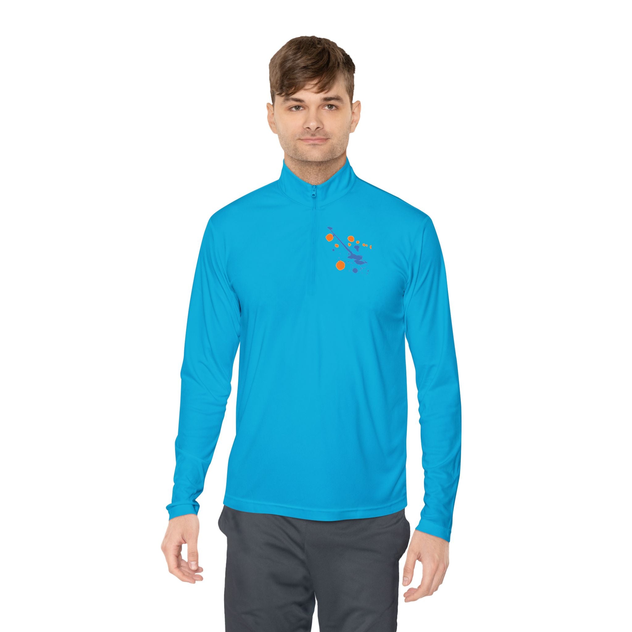 Long-sleeve quarter-zip pullover by Printify featuring a vibrant rainbow paint splash design on soft fabric.