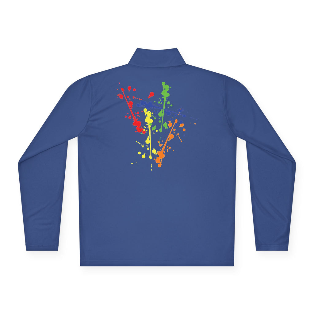 Long-sleeve quarter-zip pullover with rainbow paint splash design by Printify, featuring vibrant colors and casual fit.