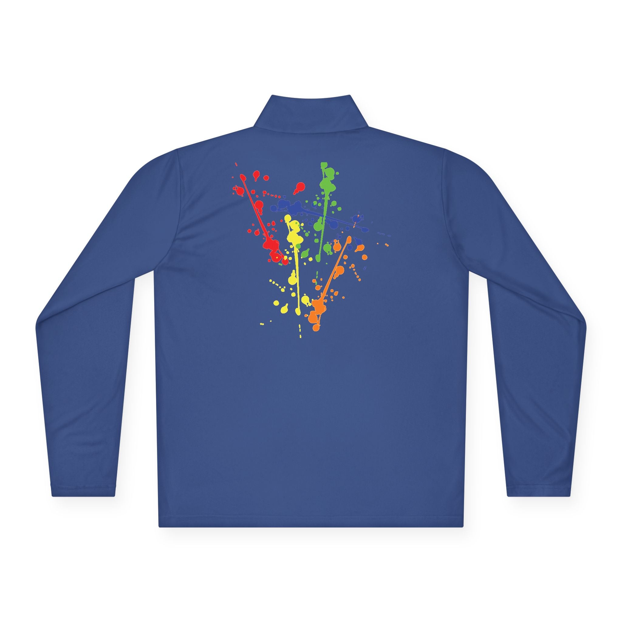 Long-sleeve quarter-zip pullover with rainbow paint splash design by Printify, featuring vibrant colors and casual fit.