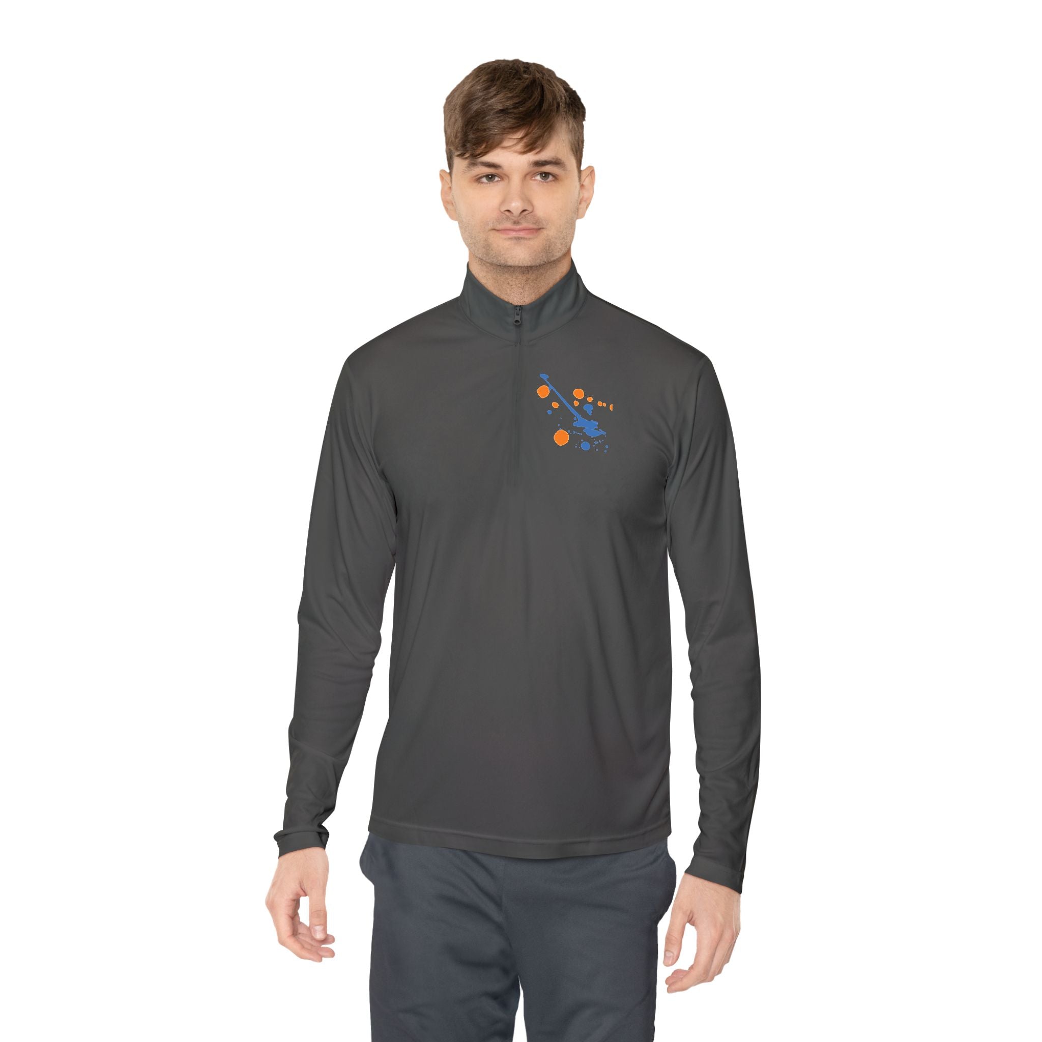 Long-sleeve quarter-zip pullover by Printify featuring a vibrant rainbow paint splash design on soft fabric.