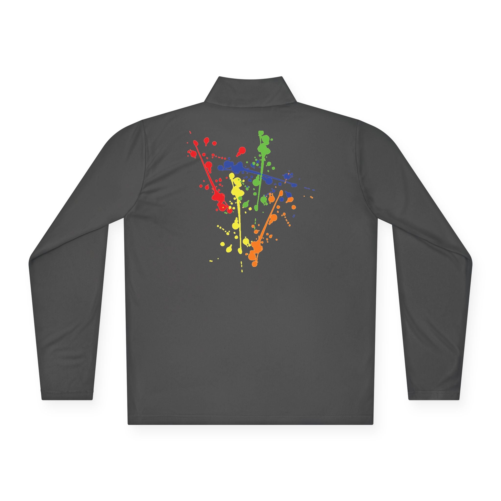 Long-sleeve quarter-zip pullover by Printify featuring a rainbow paint splash design on soft fabric.