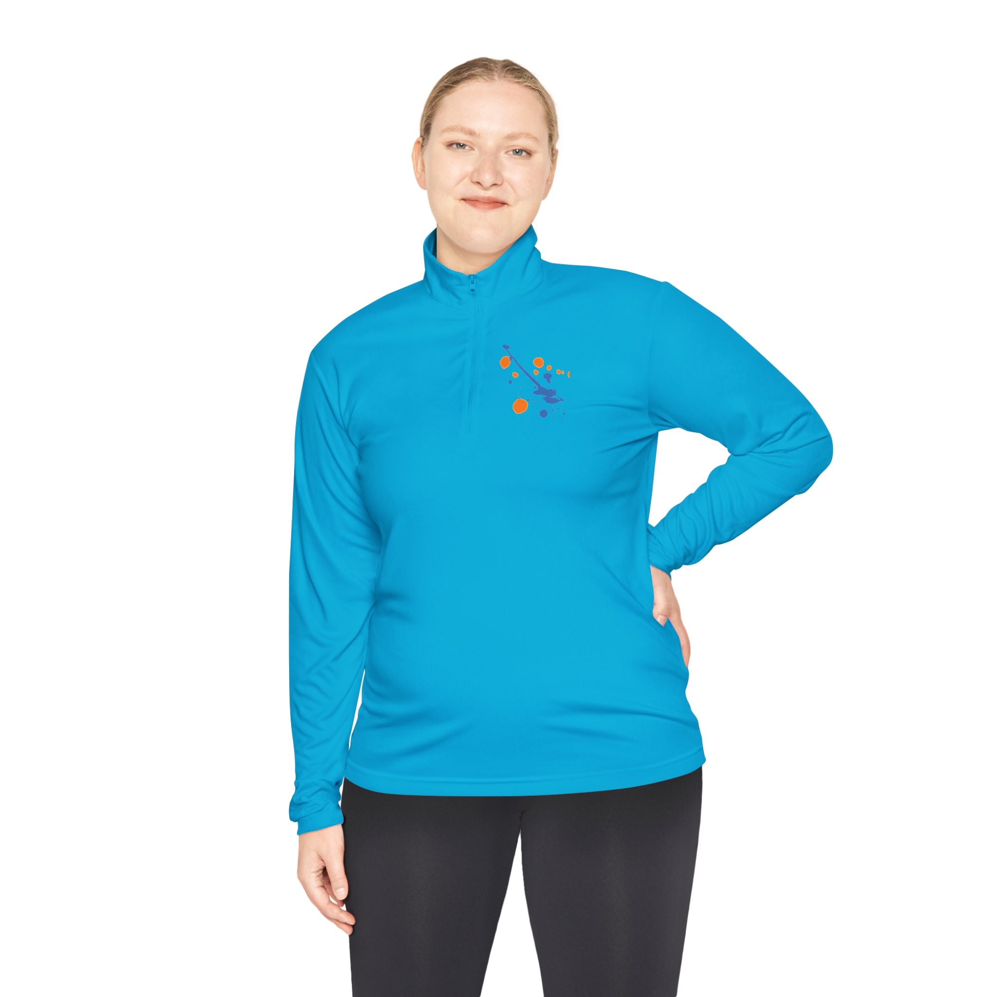 Long-sleeve quarter-zip pullover by Printify featuring a vibrant rainbow paint splash design on soft fabric.