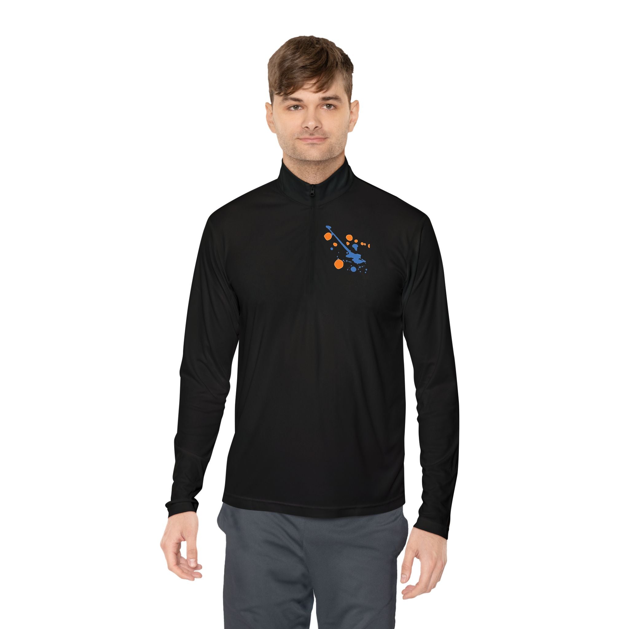 Long-sleeve quarter-zip pullover with rainbow paint splash design by Printify, featuring vibrant multicolor artwork on soft fabric.