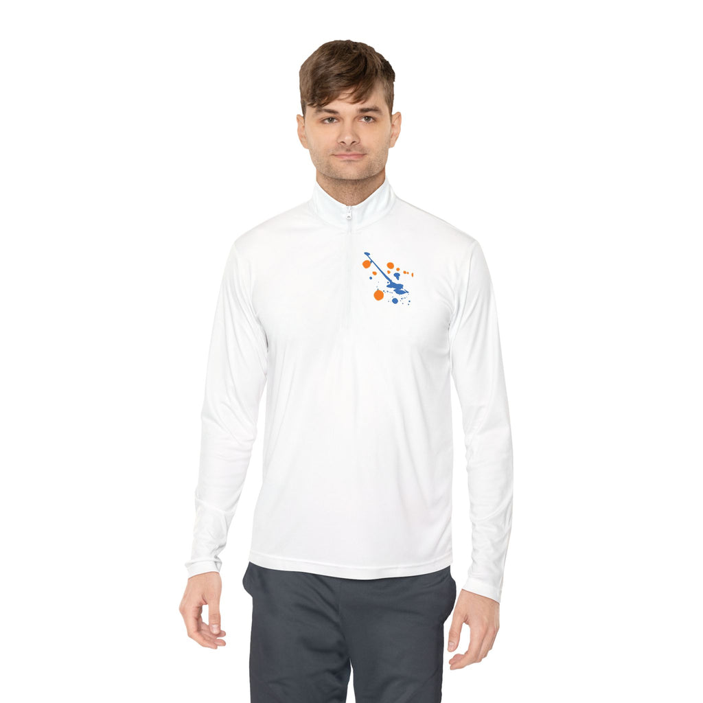 Long-sleeve quarter-zip pullover with rainbow paint splash design by Printify, showcasing vibrant colorful abstract artwork.