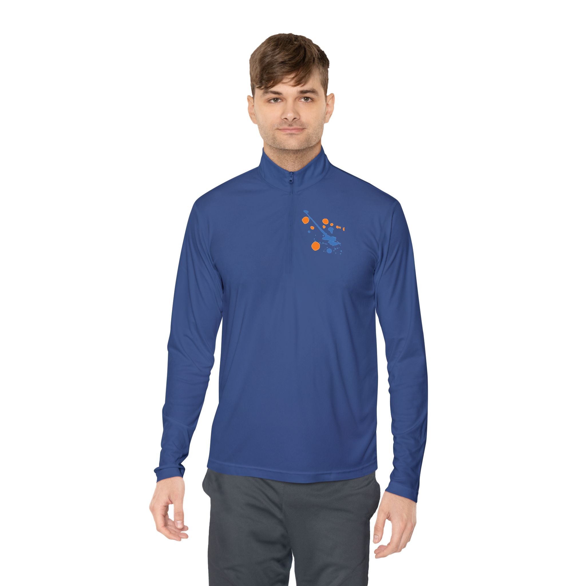 Long-sleeve quarter-zip pullover with rainbow paint splash design by Printify, featuring vibrant colors and casual style.