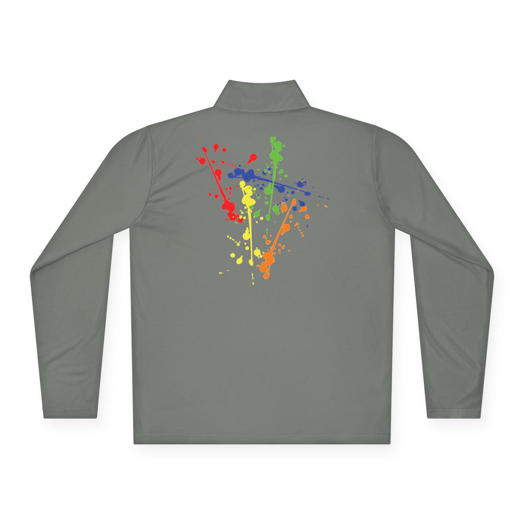 Long-sleeve quarter-zip pullover with rainbow paint splash design by Printify, featuring vibrant colorful abstract art.