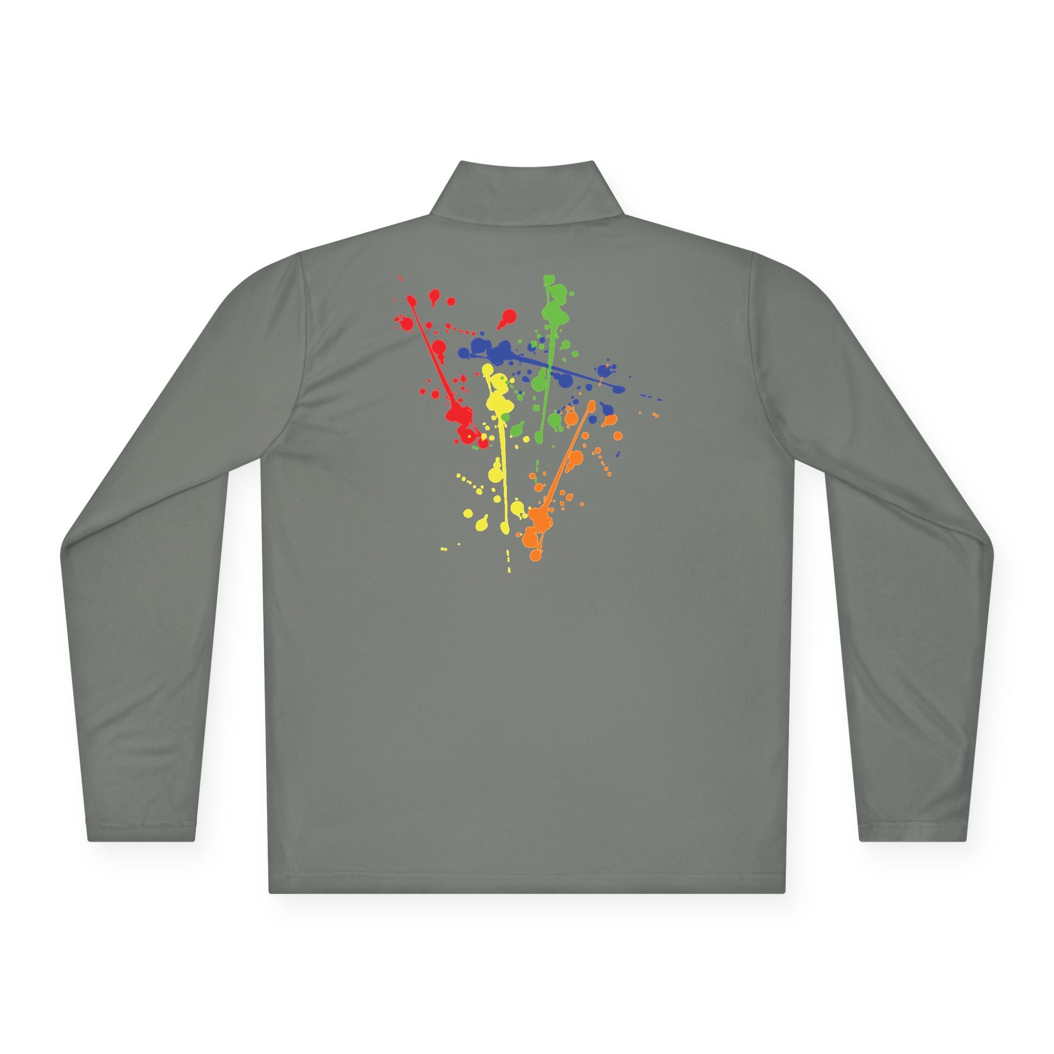 Long-sleeve quarter-zip pullover with rainbow paint splash design by Printify, featuring vibrant colorful abstract art.
