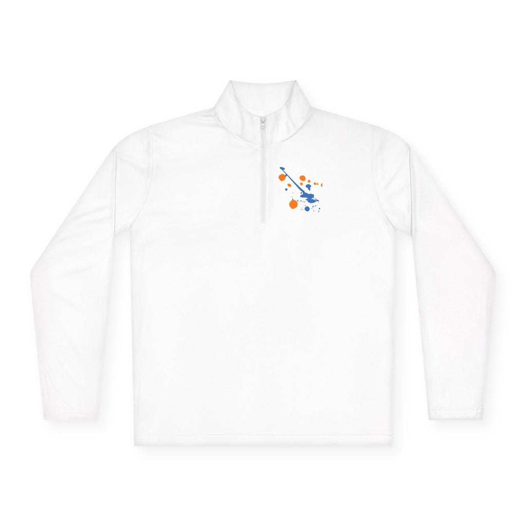 Long-sleeve quarter-zip pullover with rainbow paint splash design by Printify, featuring vibrant, colorful abstract artwork.
