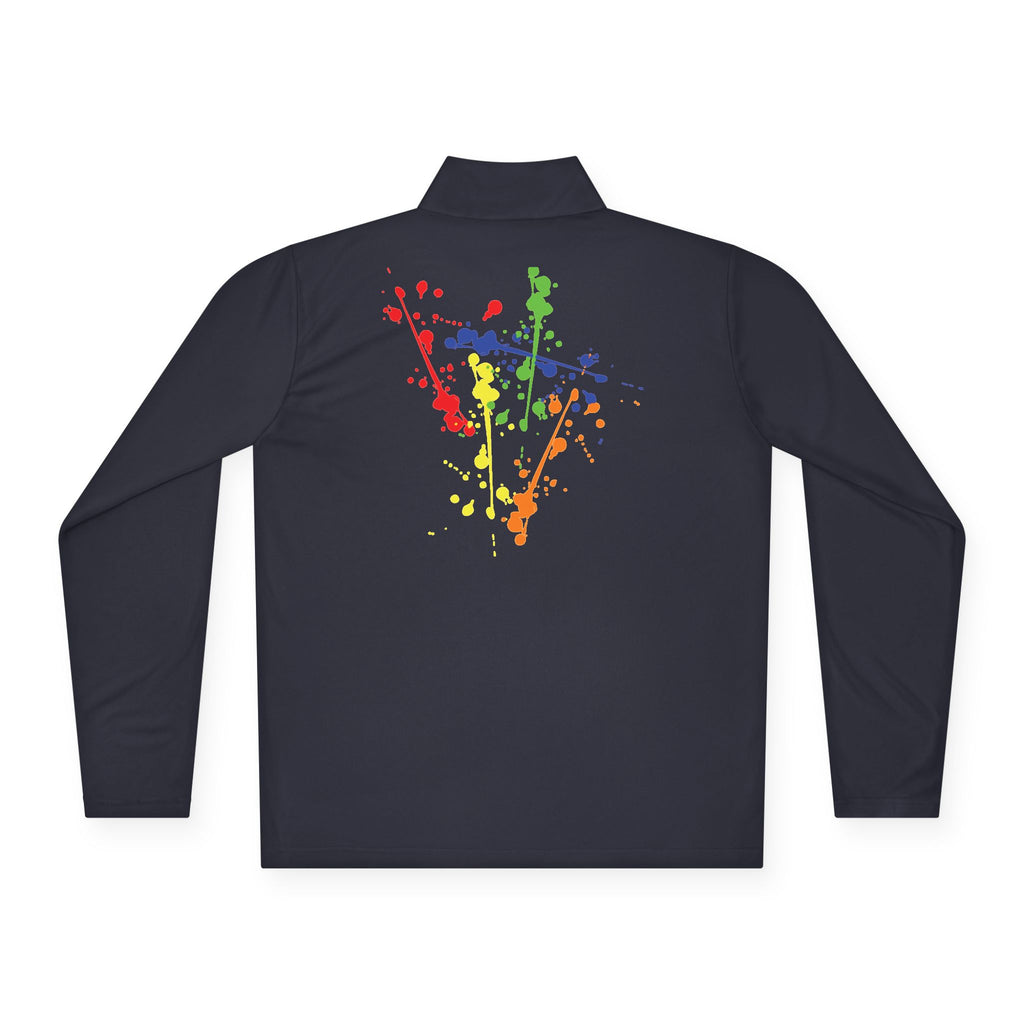 Long-sleeve quarter-zip pullover with rainbow paint splash design by Printify, featuring vibrant colors and casual style.