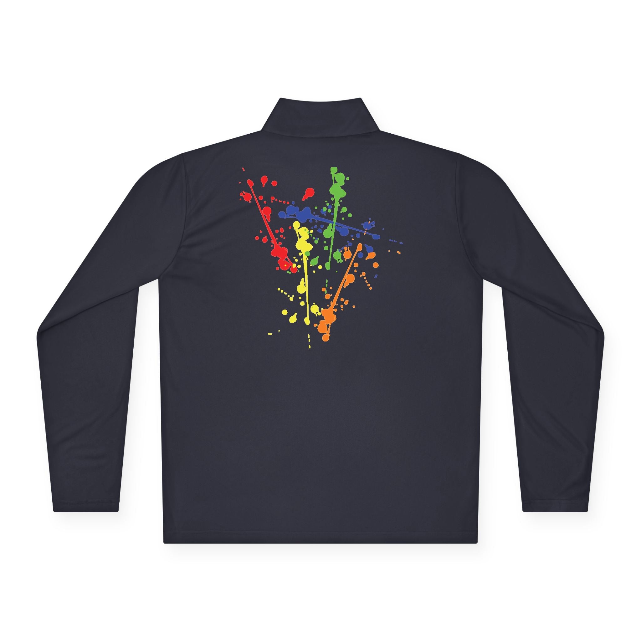 Long-sleeve quarter-zip pullover with rainbow paint splash design by Printify, featuring vibrant colors and casual style.
