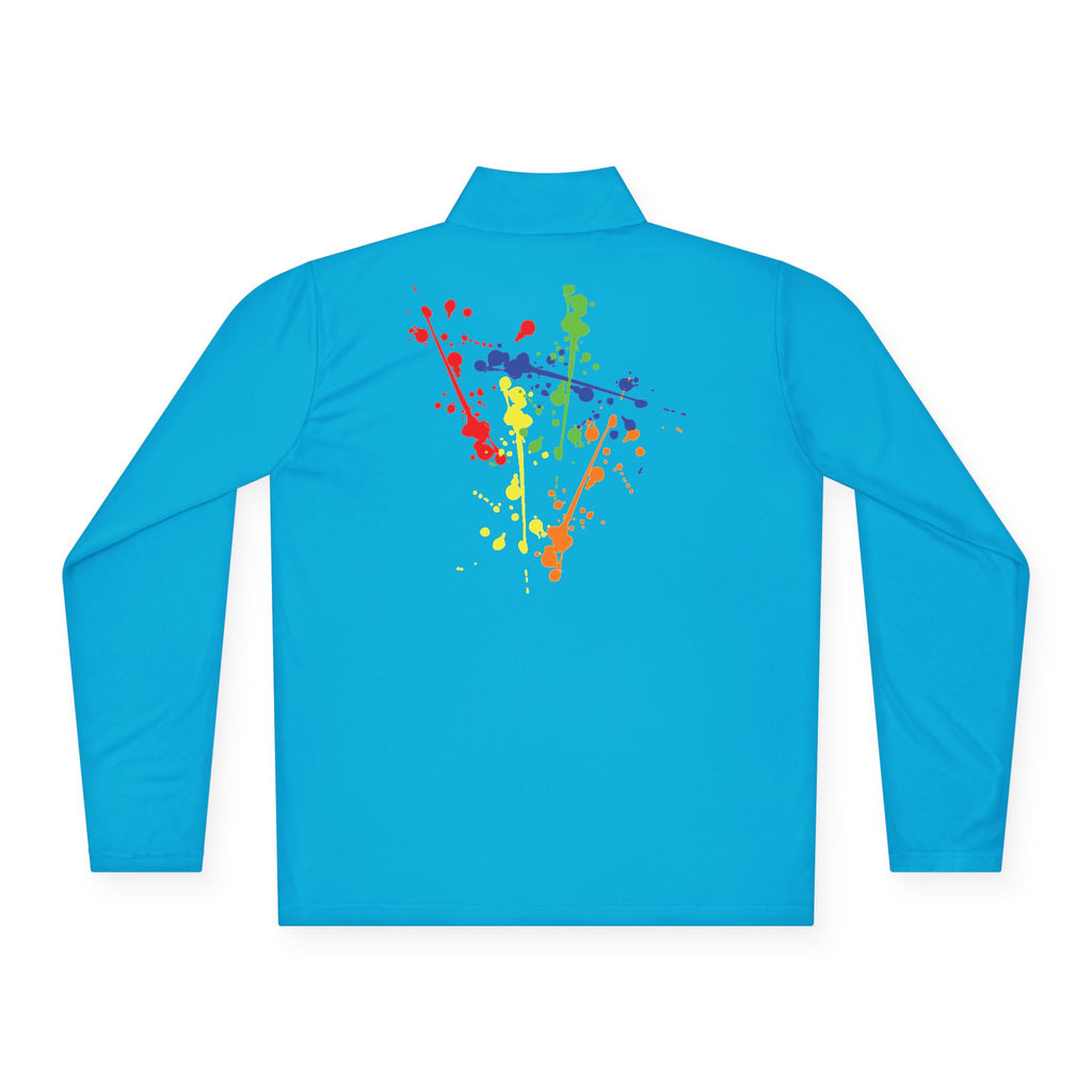 Long-sleeve quarter-zip pullover with rainbow paint splash design by Printify, showcasing vibrant colors and casual style.