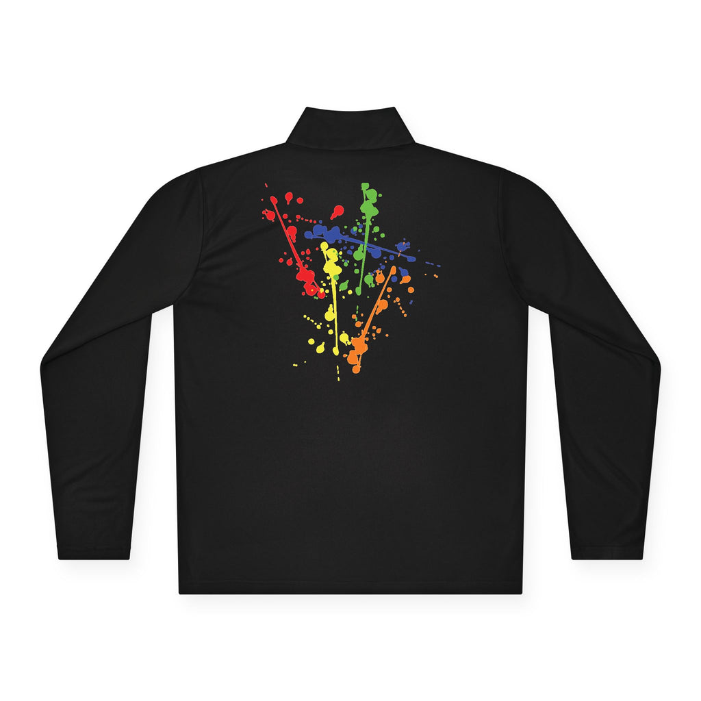 Long-sleeve quarter-zip pullover by Printify featuring a vibrant rainbow paint splash design on soft fabric.