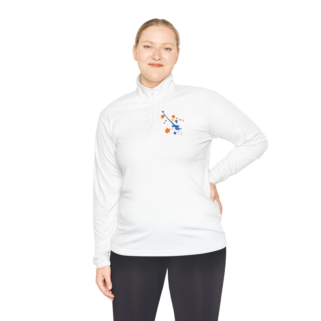 Long-sleeve quarter-zip pullover by Printify featuring a vibrant rainbow paint splash design on soft fabric.