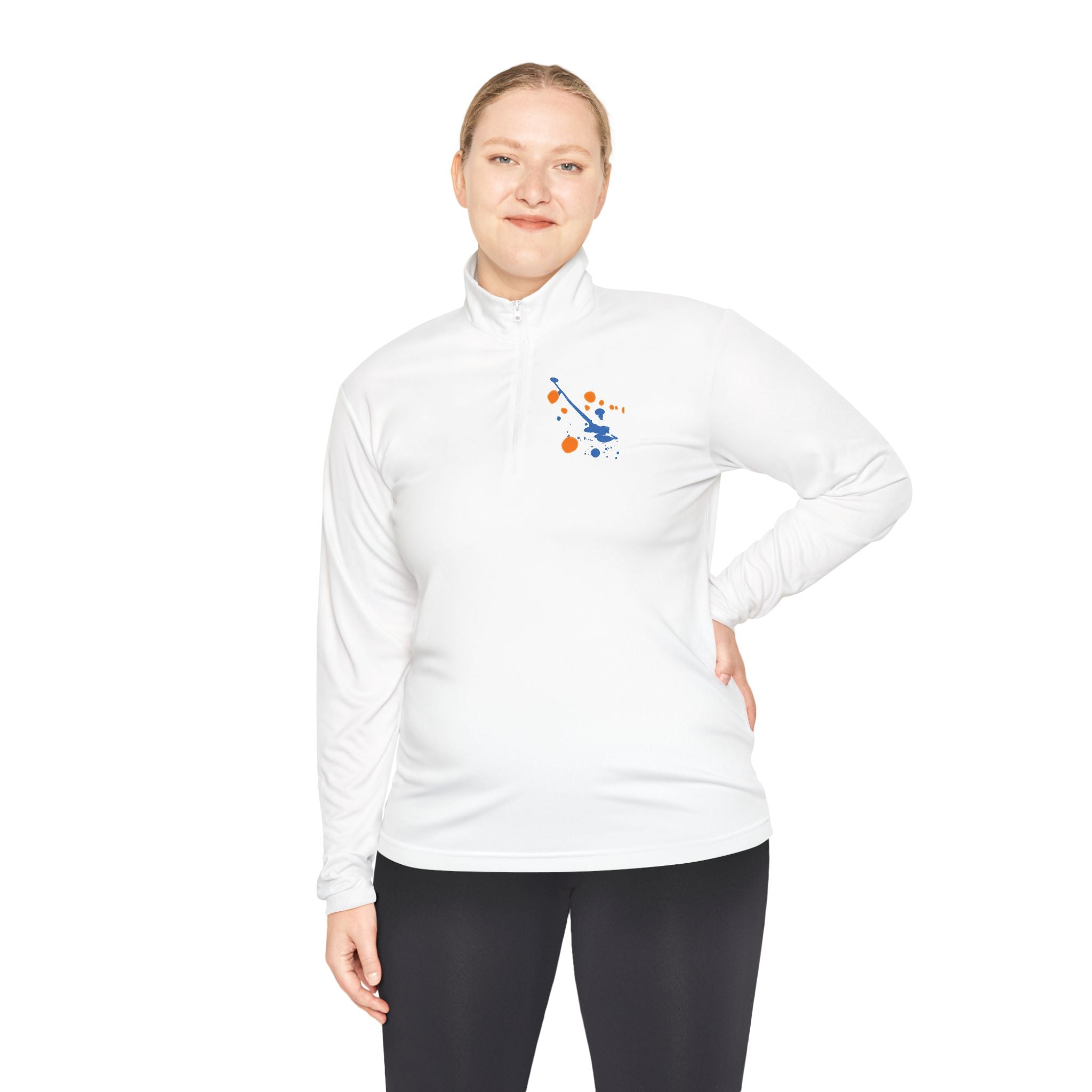 Long-sleeve quarter-zip pullover by Printify featuring a vibrant rainbow paint splash design on soft fabric.