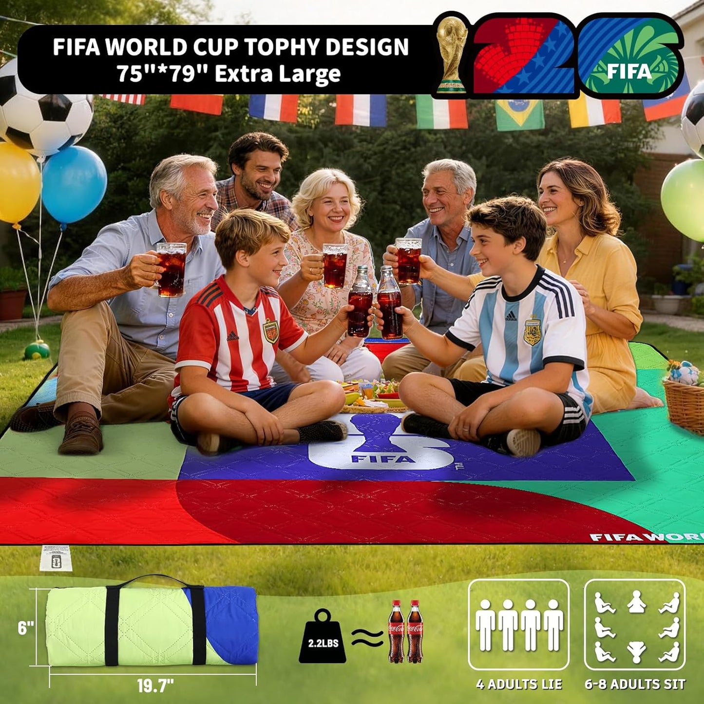 FIFA World Cup 2026 Picnic Blankets, World Cup Trophy Design Outdoor Blanket, 75''X79'' Large Beach Blanket Waterproof Sandproof, Foldable 20*6" Picnic Mat, FIFA 26 Official Licensed - FIFA 26