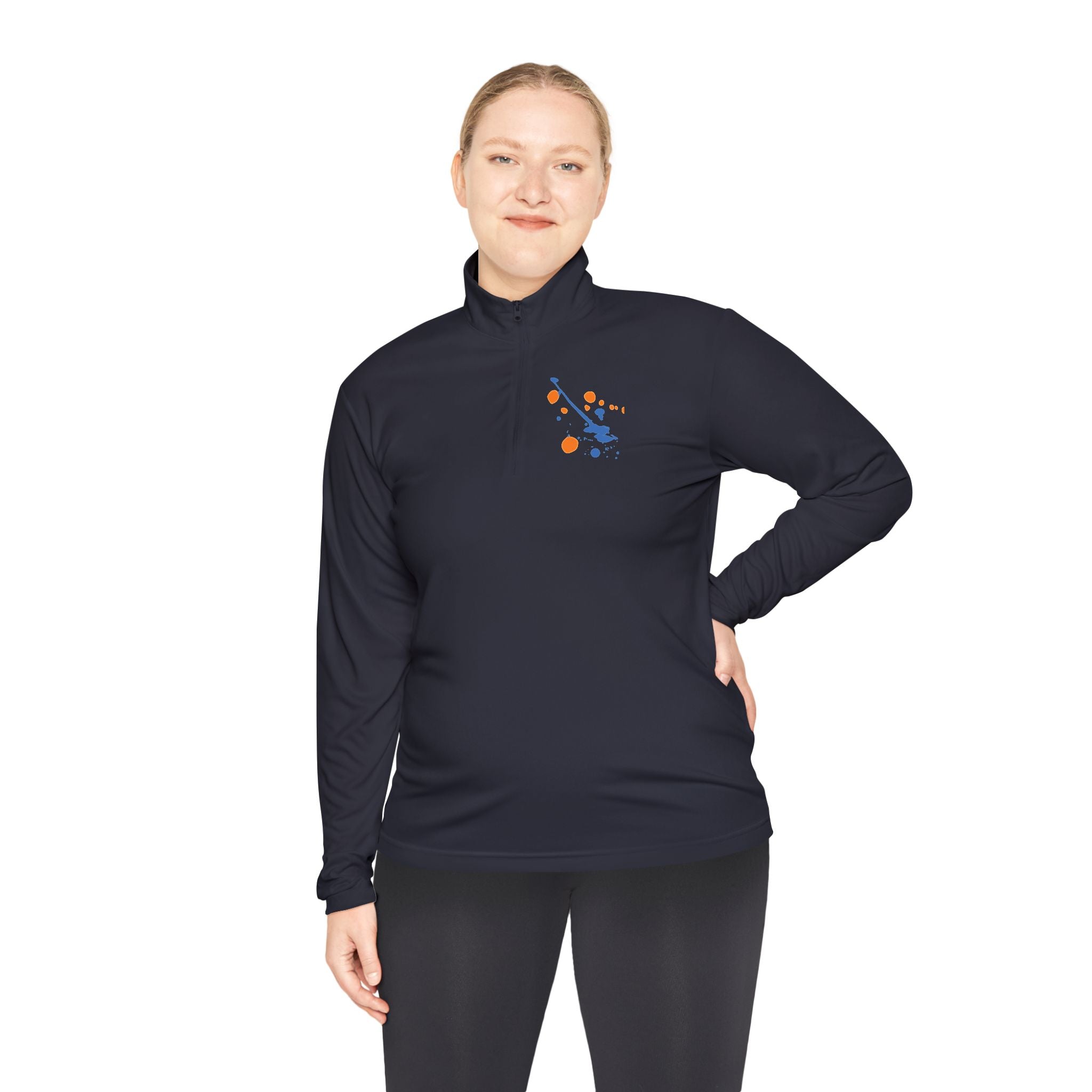 Long-sleeve quarter-zip pullover by Printify featuring a vibrant rainbow paint splash design on soft fabric.