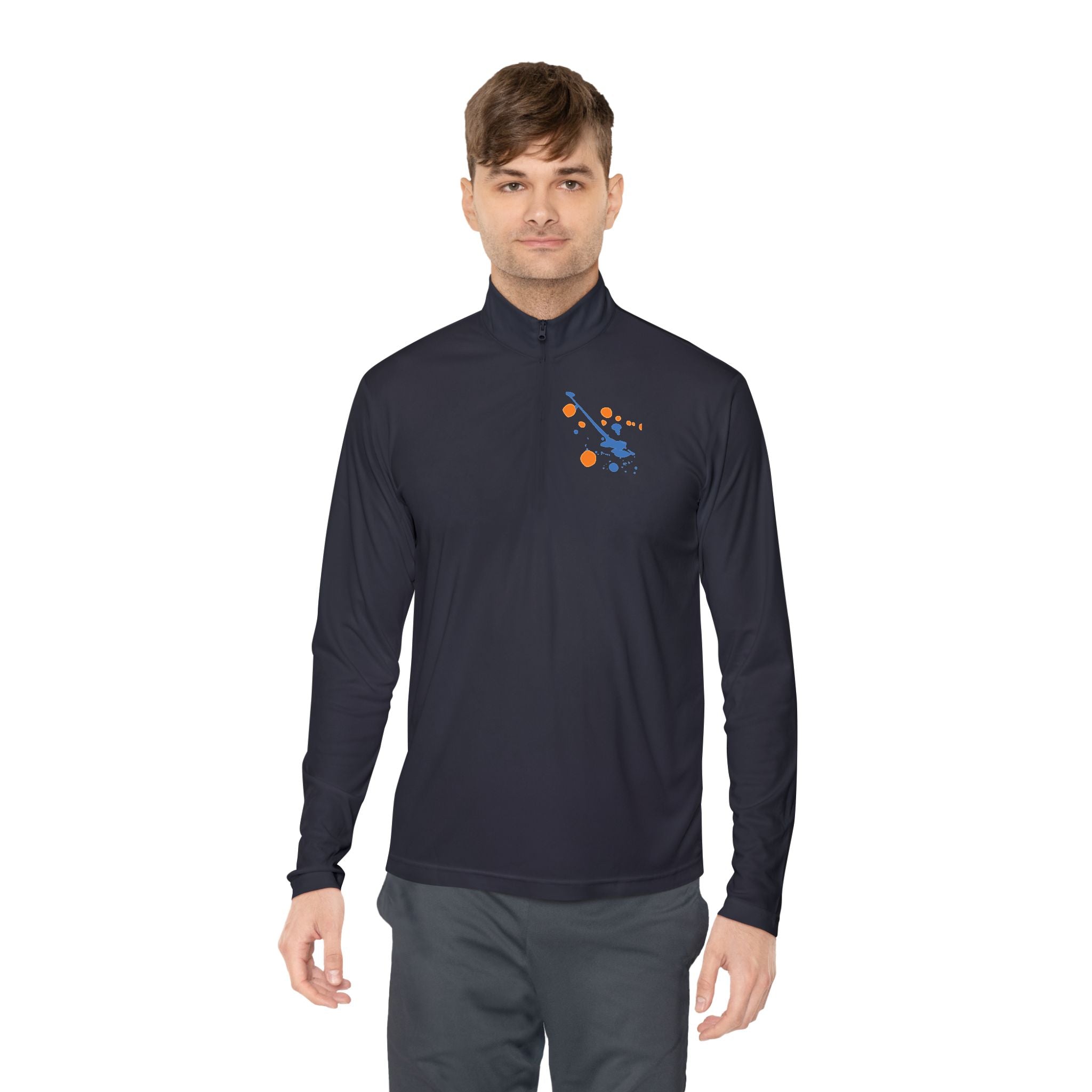 Long-sleeve quarter-zip pullover with rainbow paint splash design by Printify, featuring vibrant, artistic print on soft fabric.