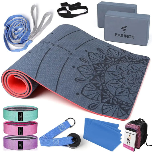 1/3 Yoga Mat Thick Yoga Kit and Sets for Beginners Include High Density Yoga Mat with Multi-loops Yoga Strap Yoga Blocks Booty Resistance Band Set & Door Anchor (9MM BLUE&RED) bys-store-3157834-619036