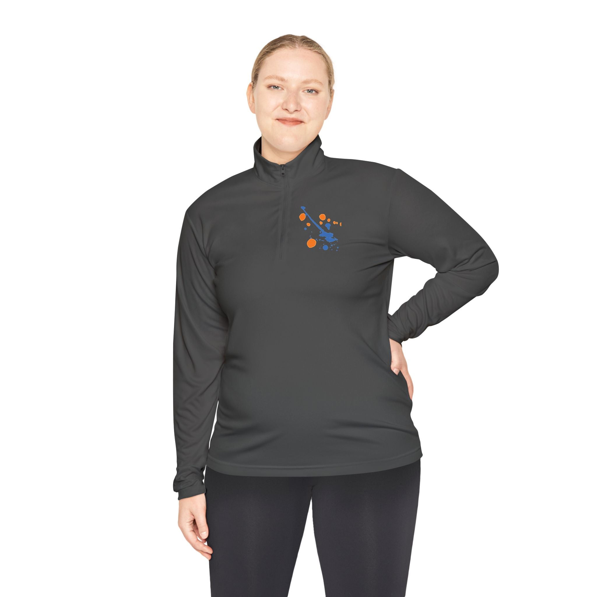 Long-sleeve quarter-zip pullover with vibrant rainbow paint splash design by Printify, featuring a casual, artistic style.