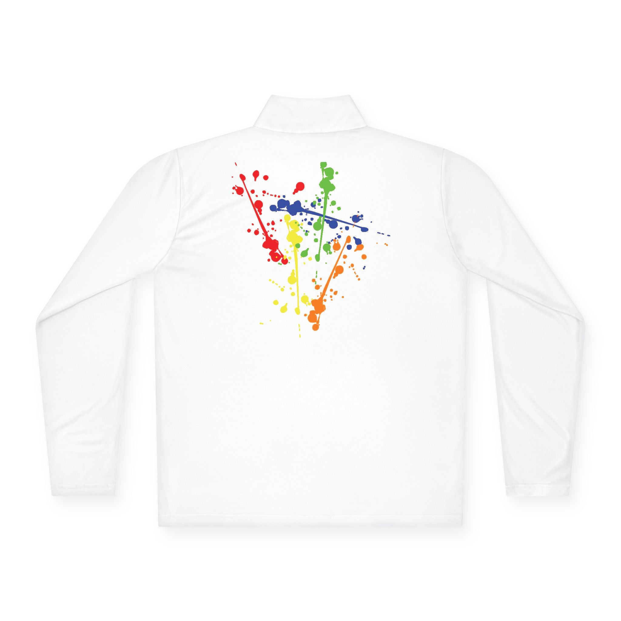 Long-sleeve quarter-zip pullover by Printify featuring a vibrant rainbow paint splash design on soft fabric.