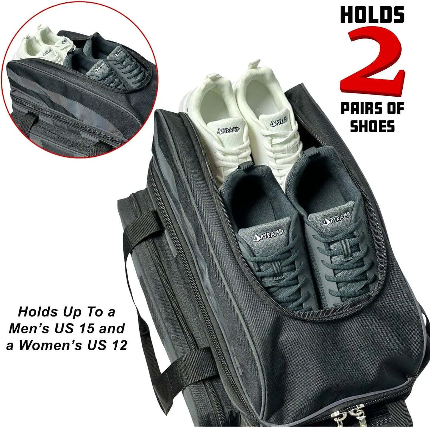 Deluxe Double Roller 2 Ball Bowling Bag with Large Separate Shoe Compartment (Up to 2 Pairs of Shoes) and Accessory Pockets, Sturdy Square Handle - Extends to 40" - Pro Options Available