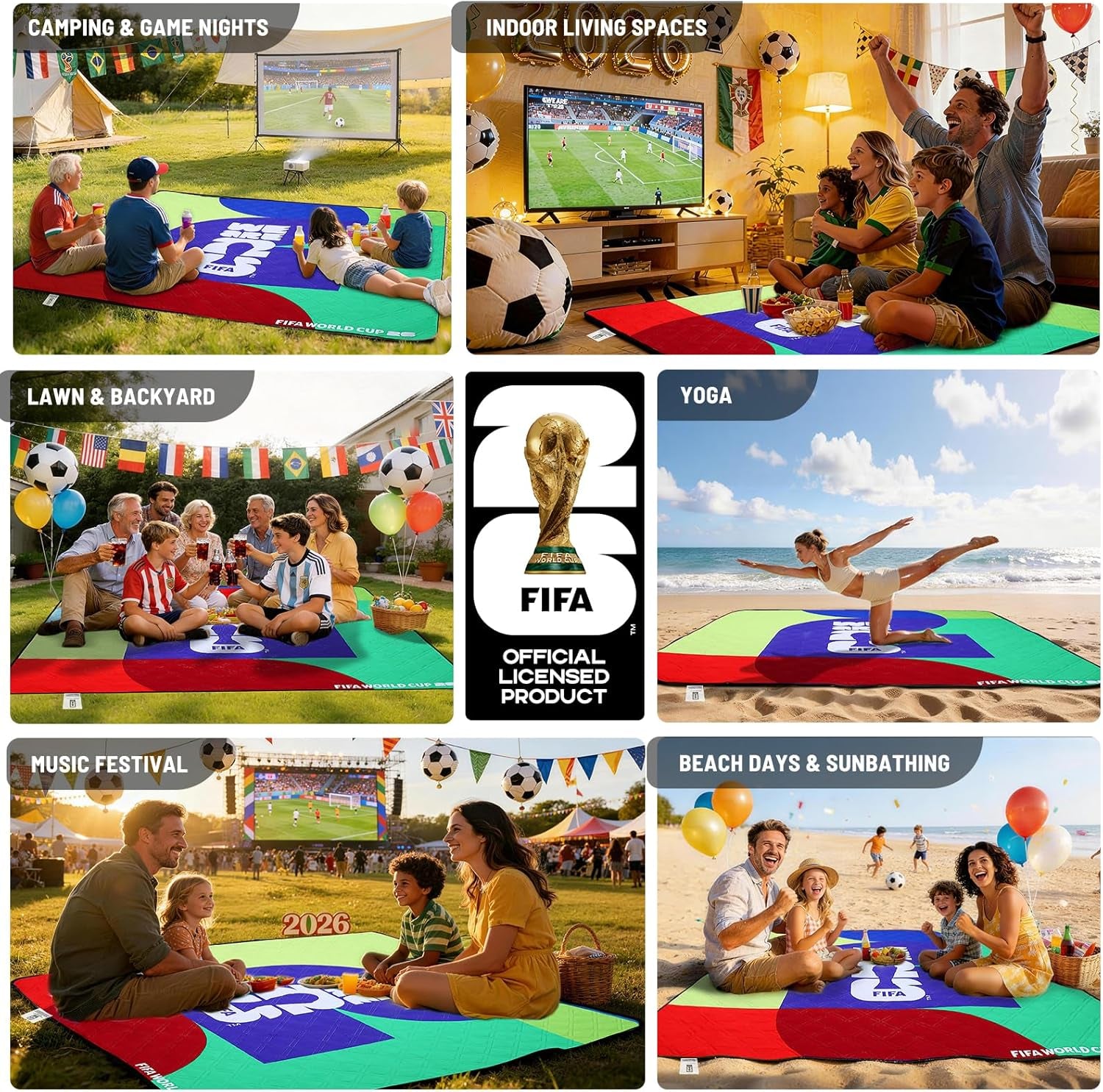 FIFA World Cup 2026 Picnic Blankets, World Cup Trophy Design Outdoor Blanket, 75''X79'' Large Beach Blanket Waterproof Sandproof, Foldable 20*6" Picnic Mat, FIFA 26 Official Licensed - FIFA 26