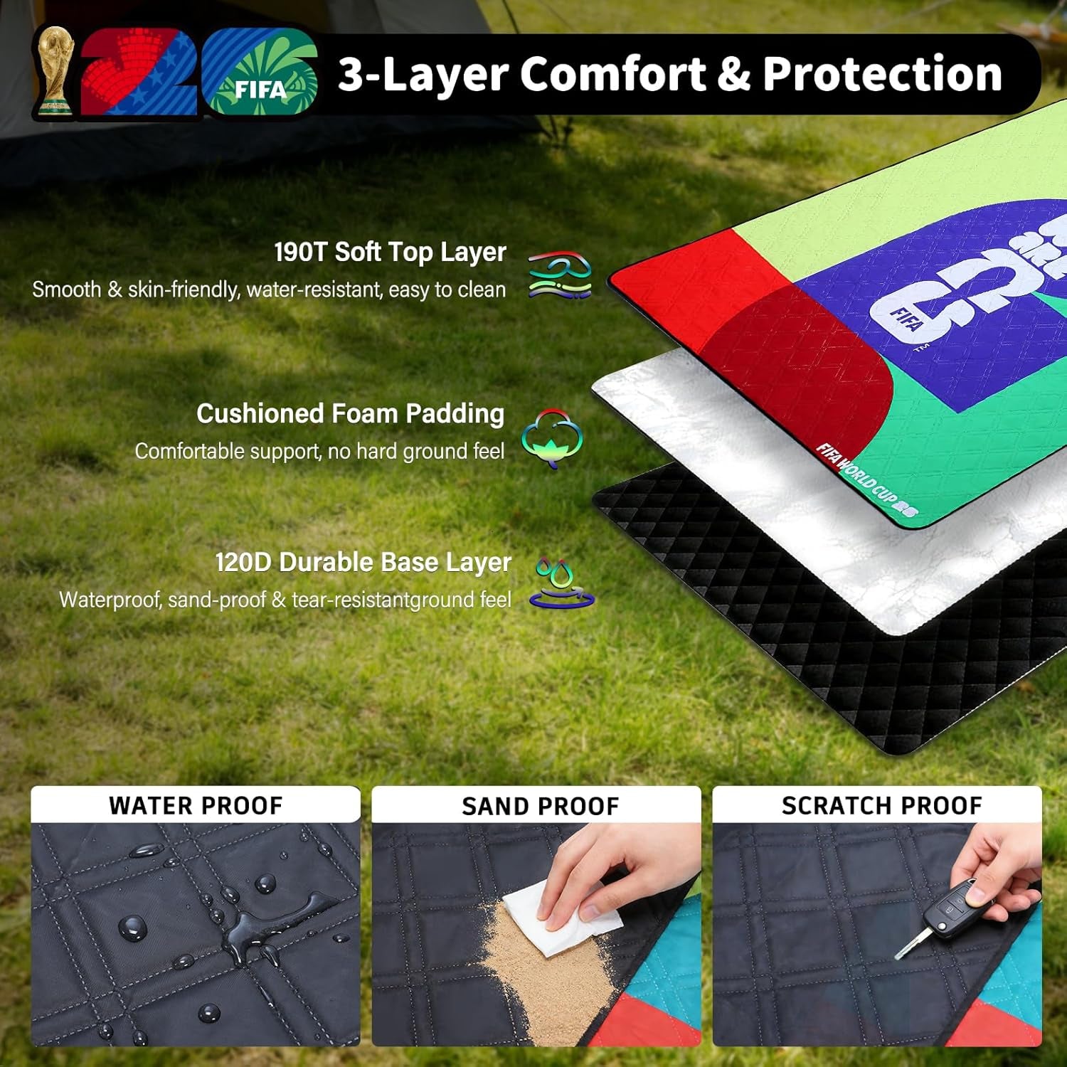 FIFA World Cup 2026 Picnic Blankets, World Cup Trophy Design Outdoor Blanket, 75''X79'' Large Beach Blanket Waterproof Sandproof, Foldable 20*6" Picnic Mat, FIFA 26 Official Licensed - FIFA 26