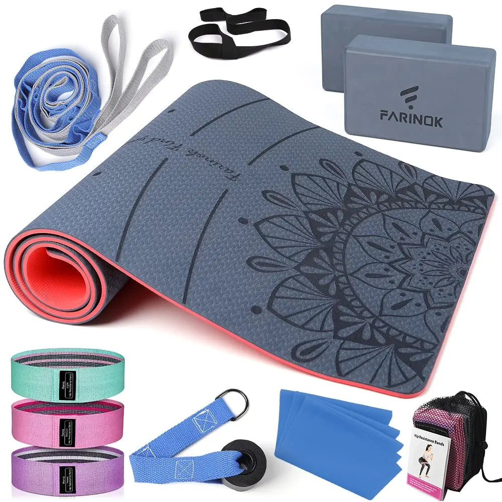 1/3 Yoga Mat Thick Yoga Kit and Sets for Beginners Include High Density Yoga Mat with Multi-loops Yoga Strap Yoga Blocks Booty Resistance Band Set & Door Anchor (9MM BLUE&RED) bys-store-3157834-619036