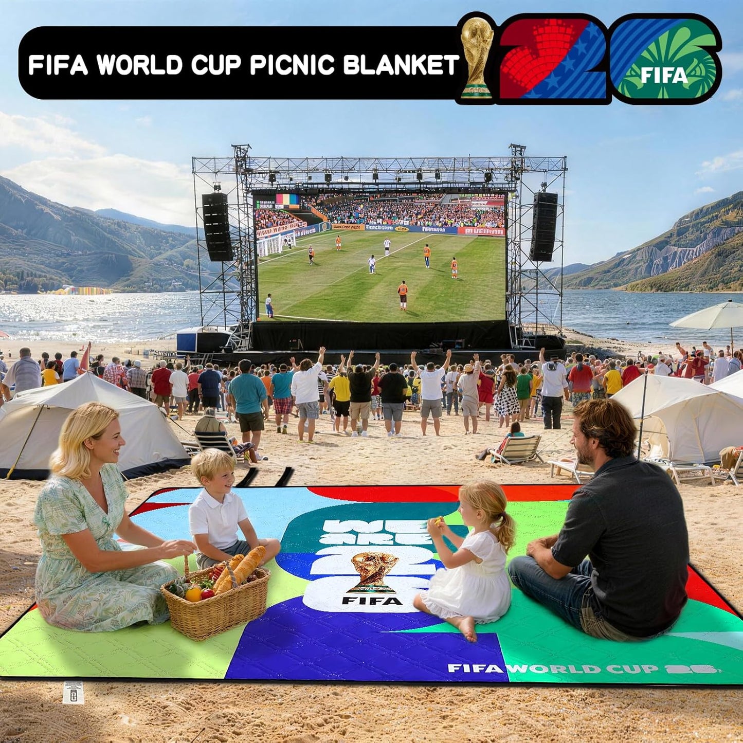 FIFA World Cup 2026 Picnic Blankets, World Cup Trophy Design Outdoor Blanket, 75''X79'' Large Beach Blanket Waterproof Sandproof, Foldable 20*6" Picnic Mat, FIFA 26 Official Licensed - FIFA 26