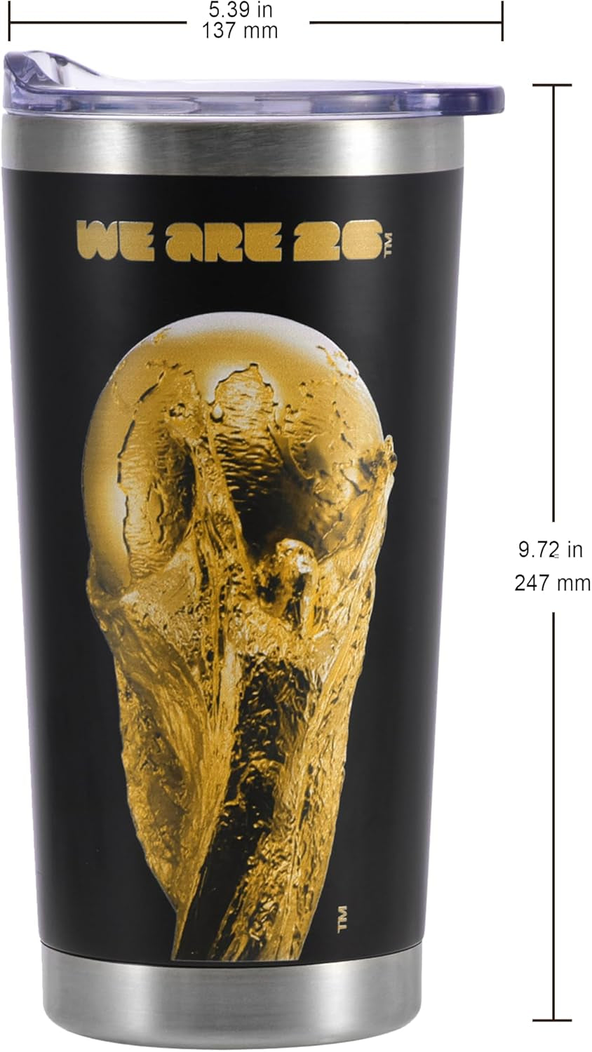 Official FIFA World Cup 2026 Trophy Tumbler – 18Oz Insulated Stainless Steel Travel Mug – “We Are 26” Gold Emblem – Double Wall Vacuum Coffee Cup for Hot & Cold Drinks – Black/Gold
