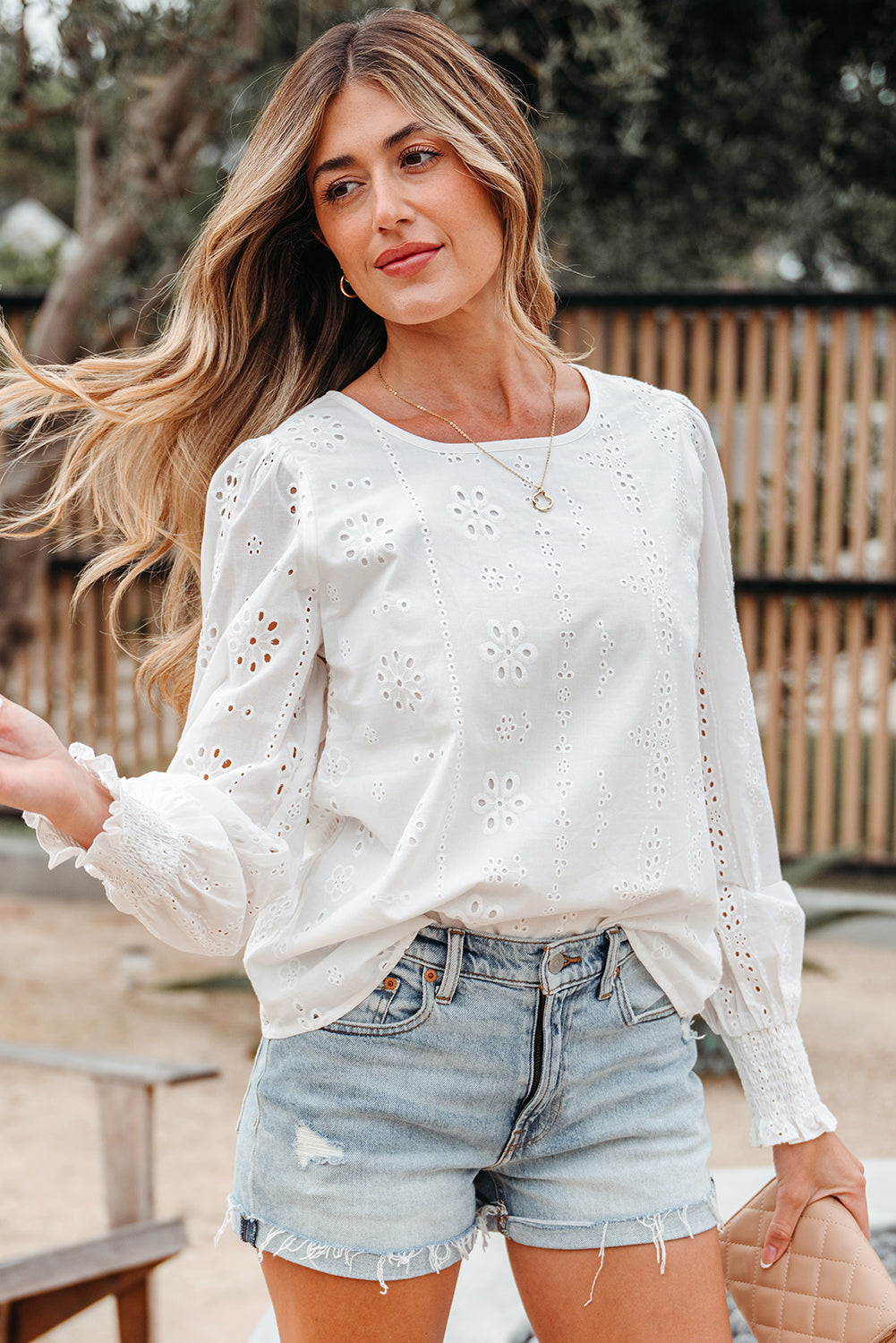 Allison Eyelet Embroidered Smocked Cuff Sheer Blouse-3