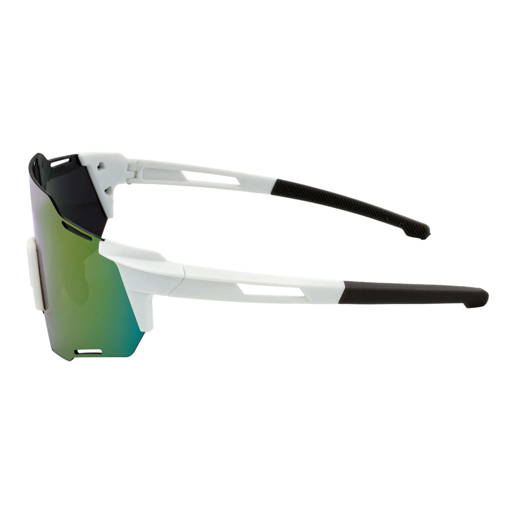 Morspecs RAZER large sports wraparound rimless shield sunglasses with white smoke tint, designed for outdoor protection and style.