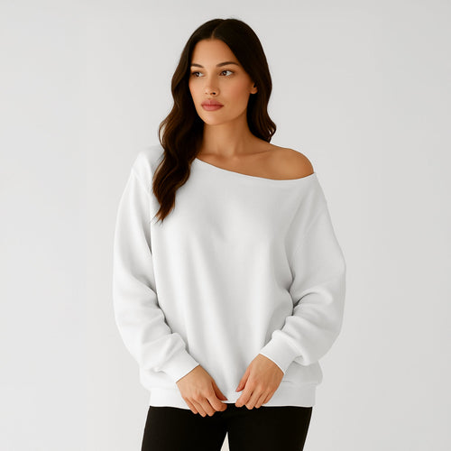 White women's fleece off-shoulder pullover sweatshirt by POS Wholesale showing the relaxed fit and cozy fabric.